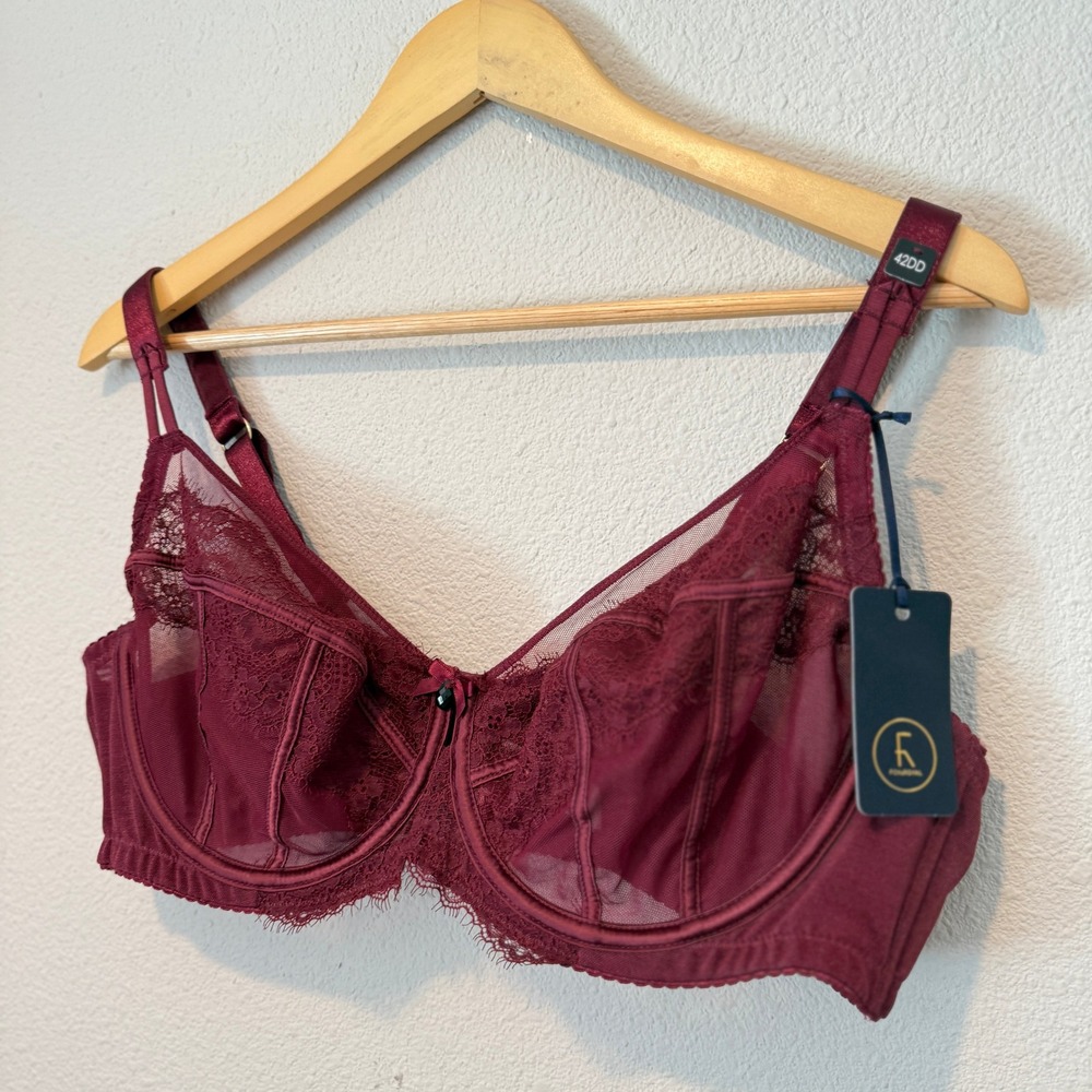 Fox & Royal Cindy Demi Underwire Bra Merlot Red Lace Mesh 42DD 00206024